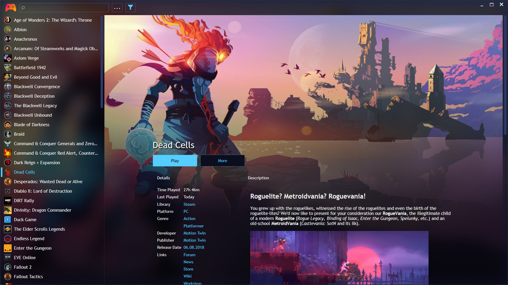 Playnite desktop mode showing list view with game details panel