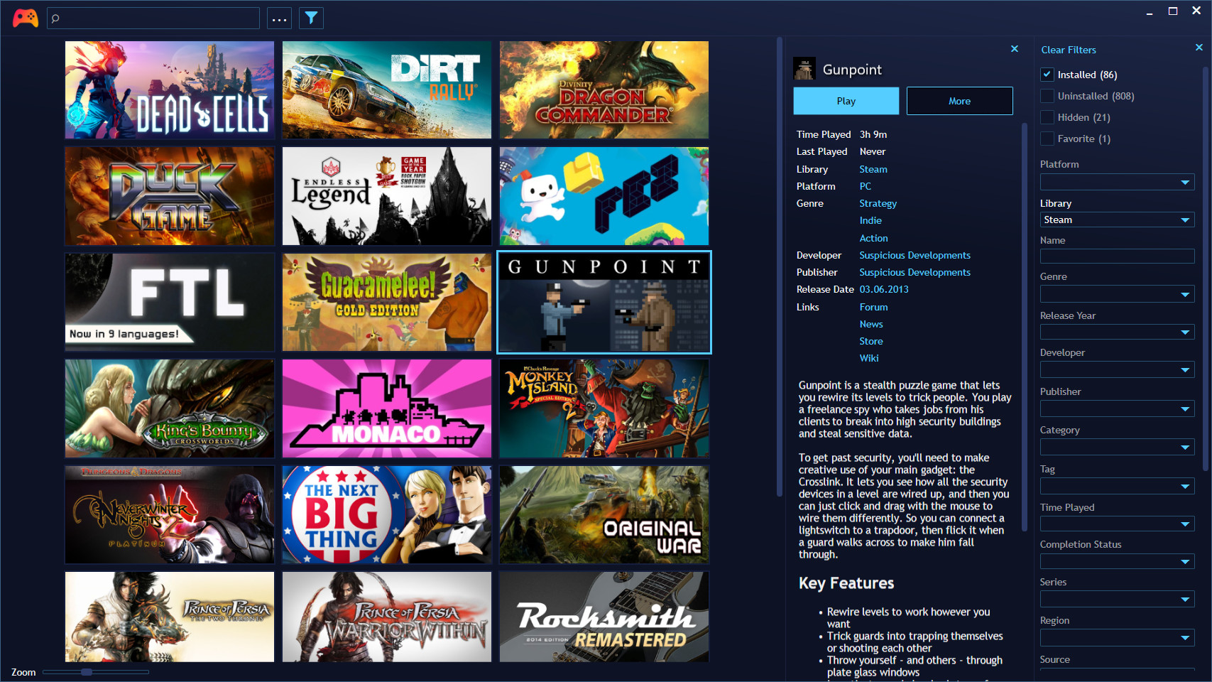 Playnite desktop mode grid view with cover art and filter panel